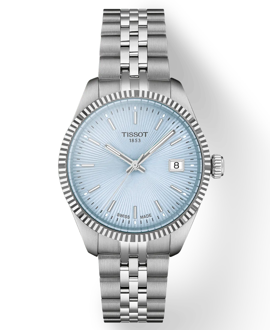 T156.210.11.351.00 Tissot Ballade 34 mm Quartz Damklocka – Blå guilloché urtavla & grå stållänk - Bild 1