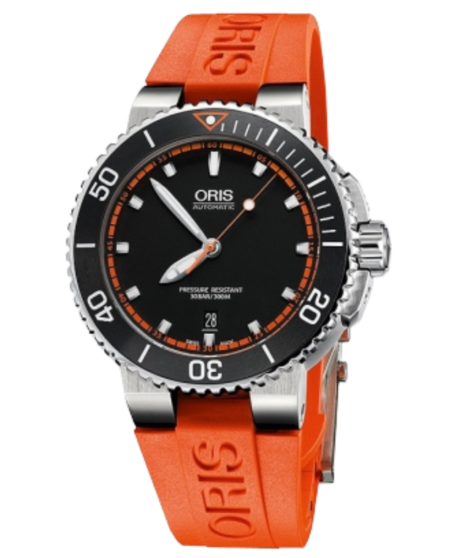 01 733 7653 4128-07 4 26 32EB Oris Aquis Date Automatisk Herrklocka 43 mm – Svart Urtavla med Orange Gummirem - Bild 1