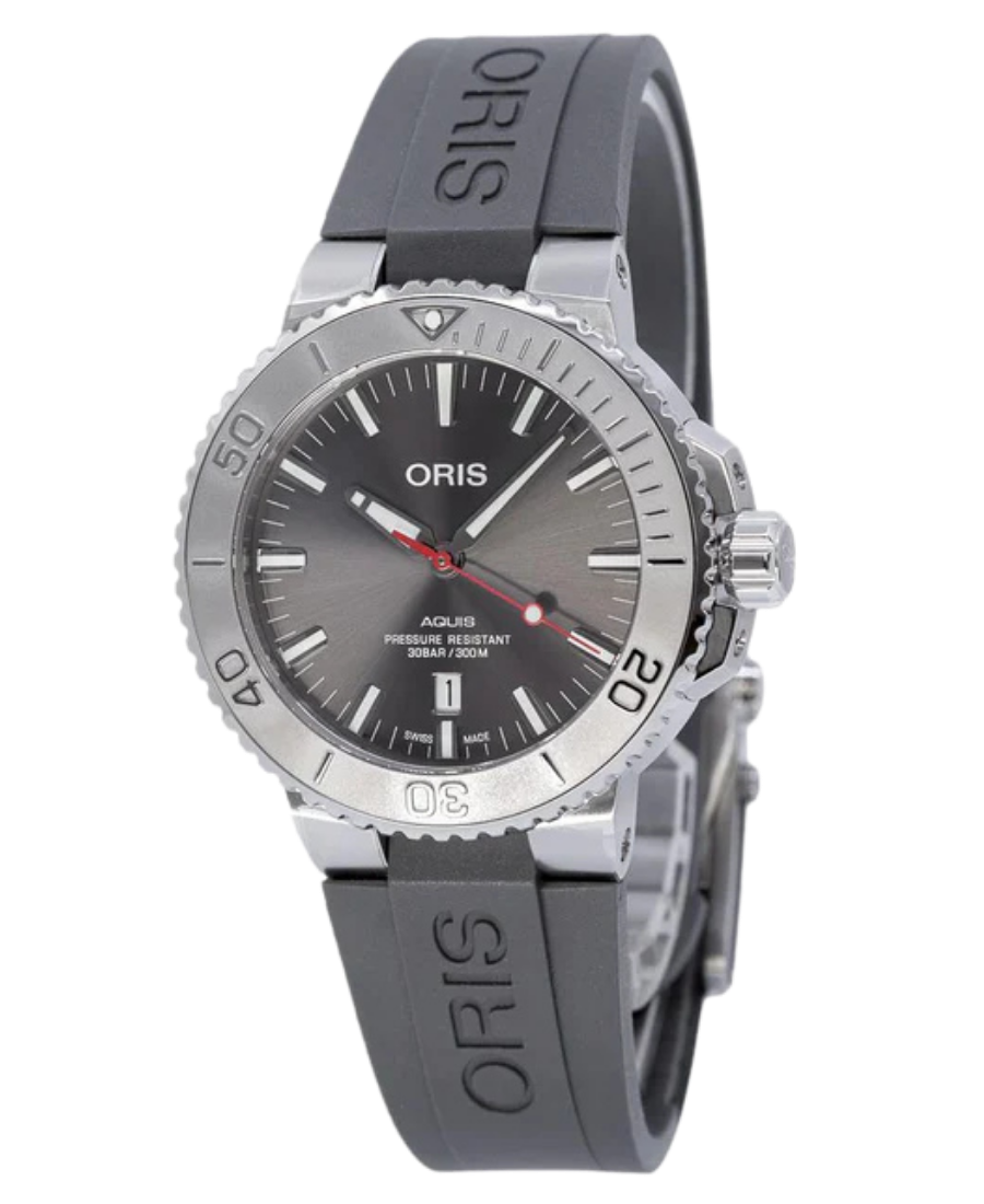 01 733 7730 4153-07 4 24 63EB Oris Aquis Date Relief Automatisk Herrklocka 43.5 mm – Grå Sunburst Urtavla med Grå Gummirem - Bild 1