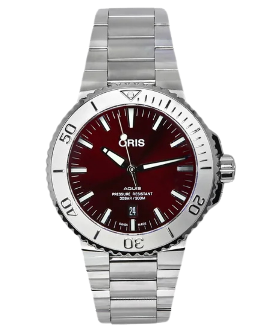 01 733 7730 4158-07 8 24 05PEB Oris Aquis Date Relief Automatisk Herrklocka 43.5 mm – Röd Urtavla med Stållänk - Bild 1
