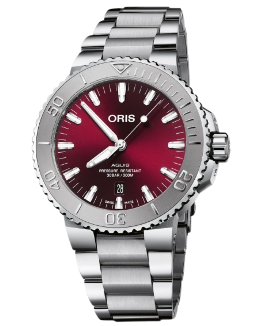 Urx01 Oris Aquis Date Relief Automatisk Herrklocka 43.5 mm – Röd Urtavla med Stållänk - Bild 1