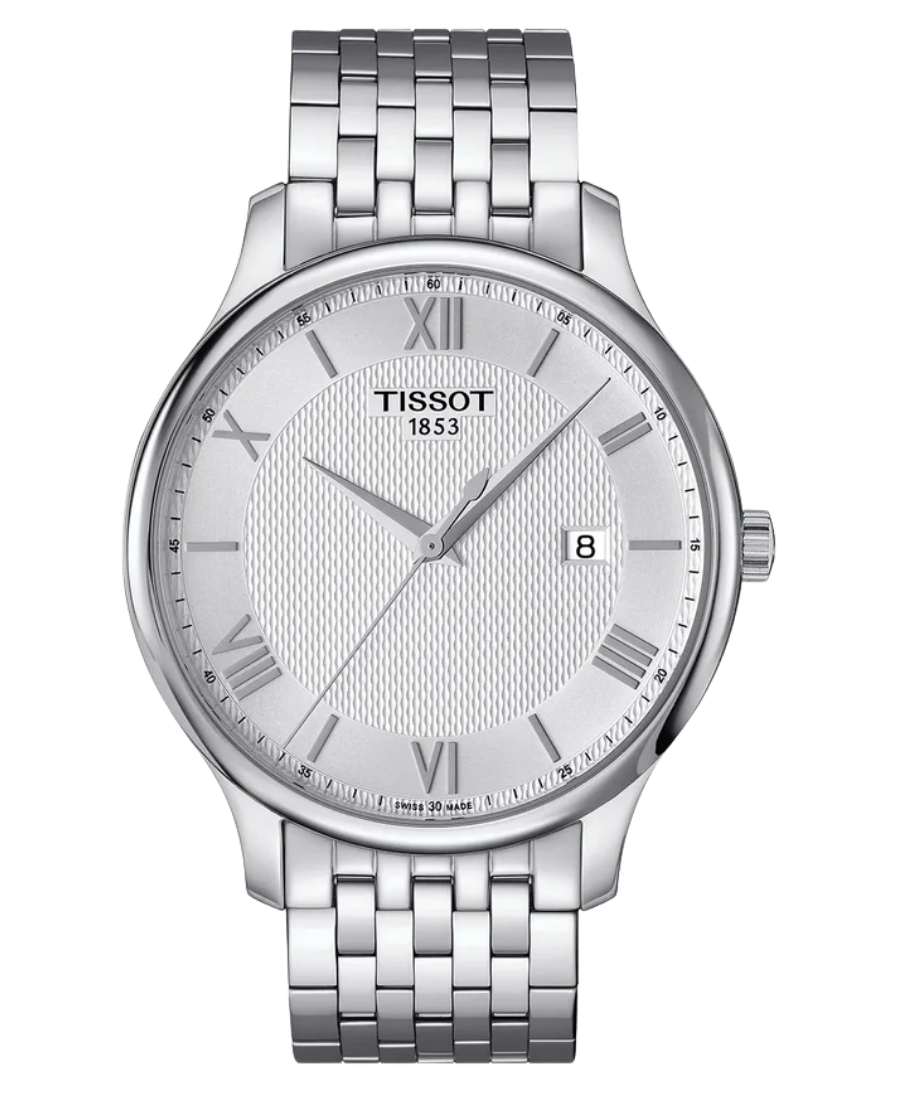 Urx T063.610.11.038.00 Tissot Tradition Herrklocka Quartz 42 mm – Silverfärgad Urtavla med Silverfärgad Boett och Stållänk - Bild 1