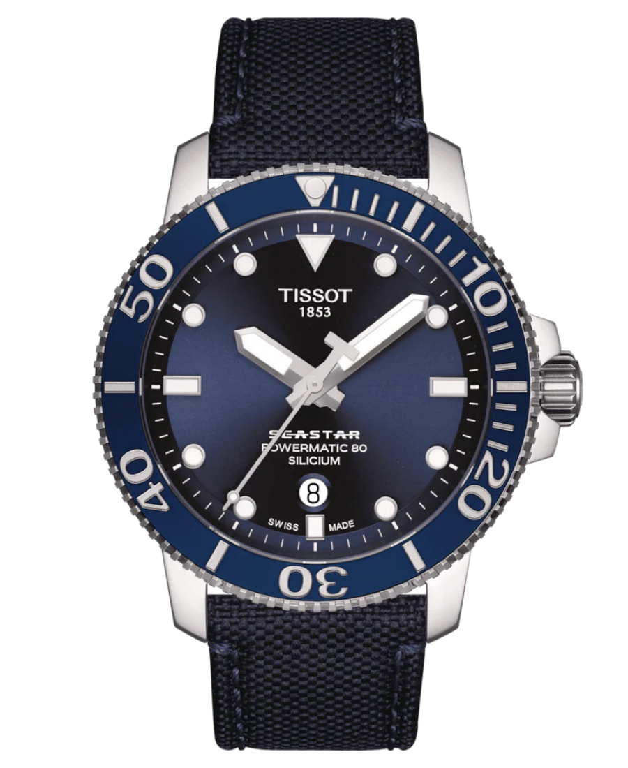 Urx T120.407.17.041.01 Tissot Seastar 1000 Powermatic 80 Silicium Automatisk Herrklocka 43 mm – Blå Urtavla med Blå Textilrem - Bild 1