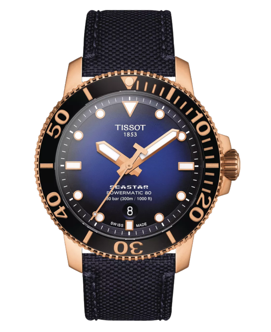 Urx T120.407.37.041.00 Tissot Seastar 1000 Powermatic 80 Automatisk Herrklocka 43 mm – Blå Gradient Urtavla med Blå Textilrem - Bild 1