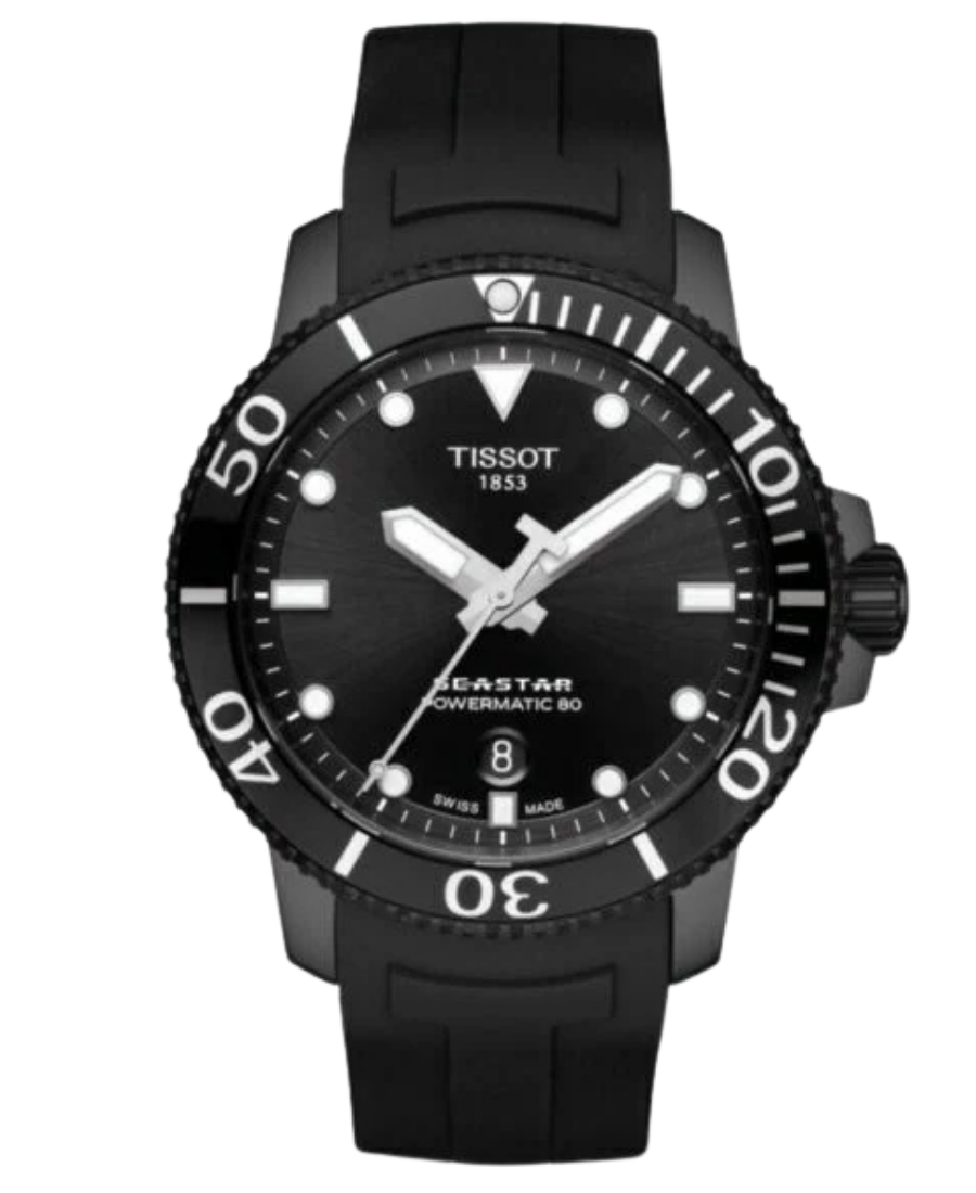 Urx T120.407.37.051.00 Tissot Seastar 1000 Powermatic 80 Automatisk Herrklocka 43 mm – Svart PVD-Boett Svart Tavla Gummiband Dykarklocka - Bild 1