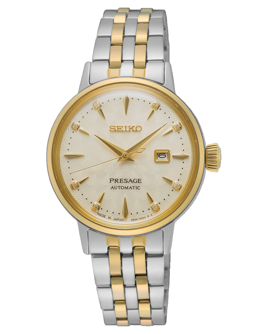 Urx SRE010J1 Seiko Presage Cocktail Time Damklocka Automatic 30.3 mm – Guldfärgad Urtavla med Diamanter och Tvåfärgad Stållänk - Bild 1
