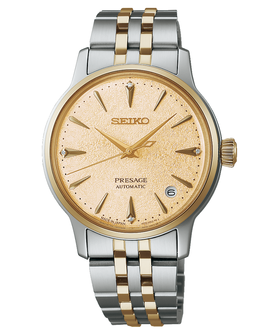 Urx SRPL64J1 Seiko Presage Cocktail Time Damklocka Automatic 34 mm – Ljus Champagnefärgad Urtavla med Diamanter och Tvåfärgad Stållänk - Bild 1