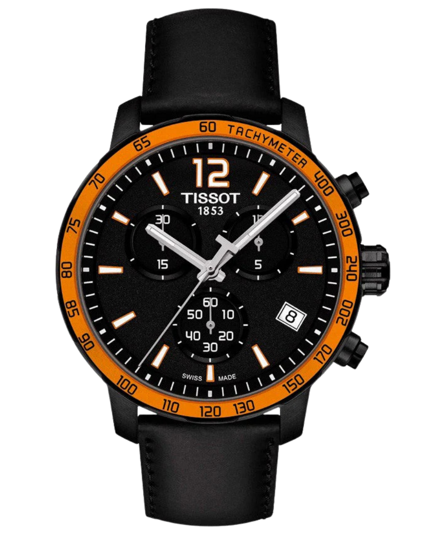 Urx T095.417.36.057.01 Tissot Quickster Chronograph Herrklocka Quartz 42 mm – Svart Urtavla med Svart Läderarmband & Orange Detaljer - Bild 1