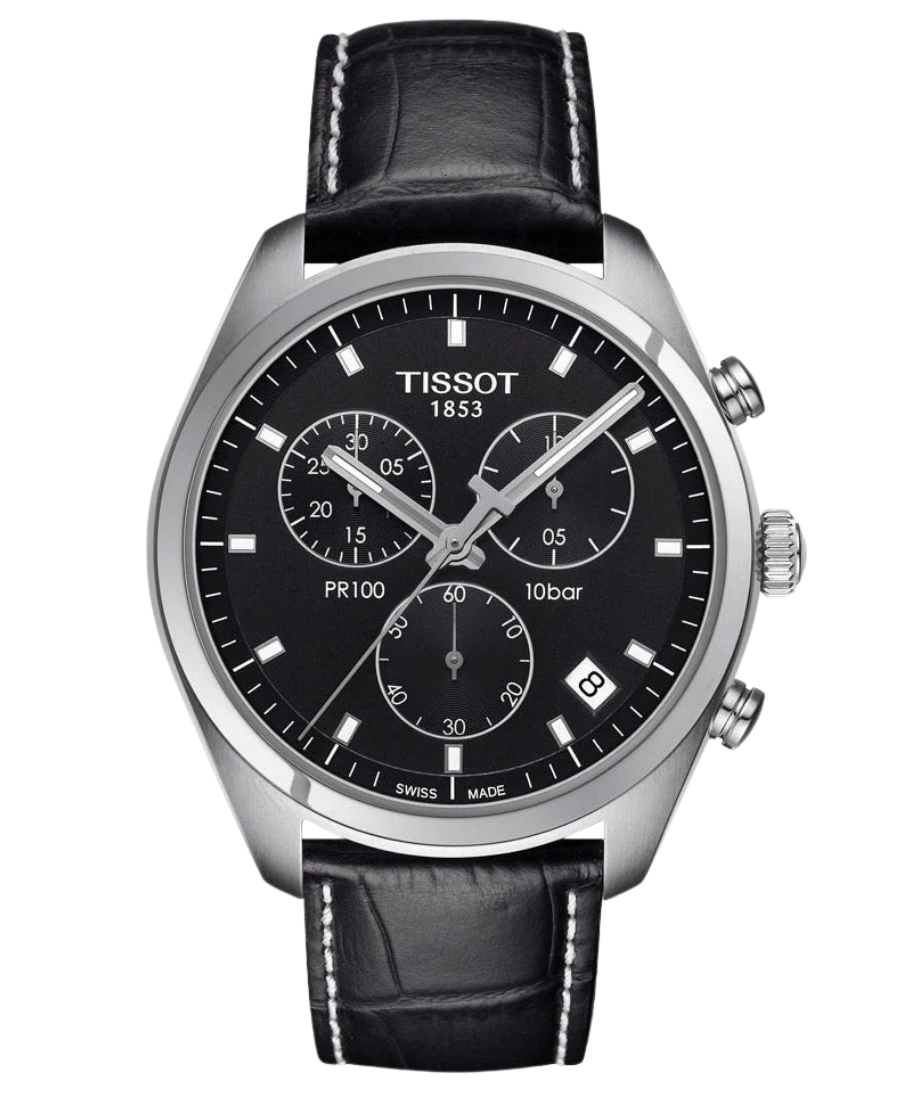 Urx T101.417.16.051.00 Tissot PR 100 Chronograph Herrklocka Quartz 41 mm – Svart Urtavla med Silverfärgad Boett och Svart Läderband - Bild 1