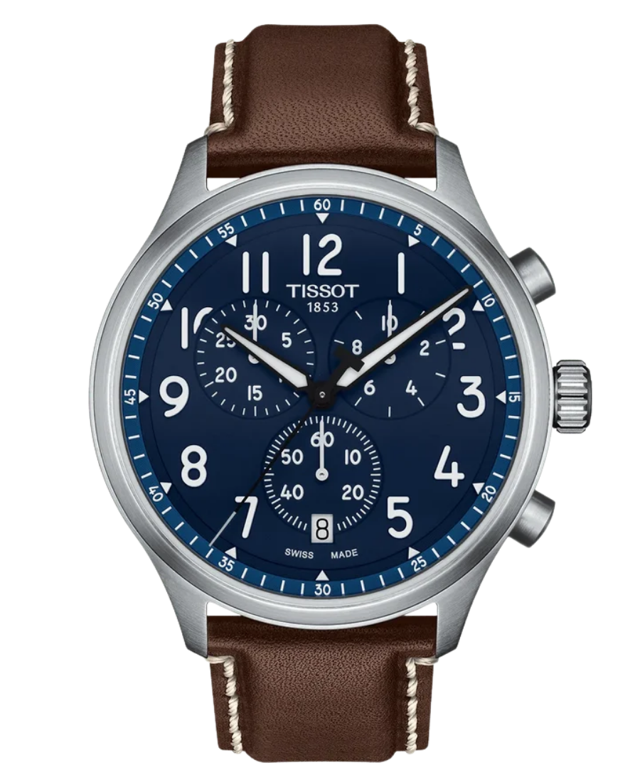 Urx T116.617.16.042.00 Tissot Chrono XL Vintage Chronograph Herrklocka Quartz 45 mm – Blå Urtavla med Silverfärgad Boett och Brunt Läderarmband - Bild 1