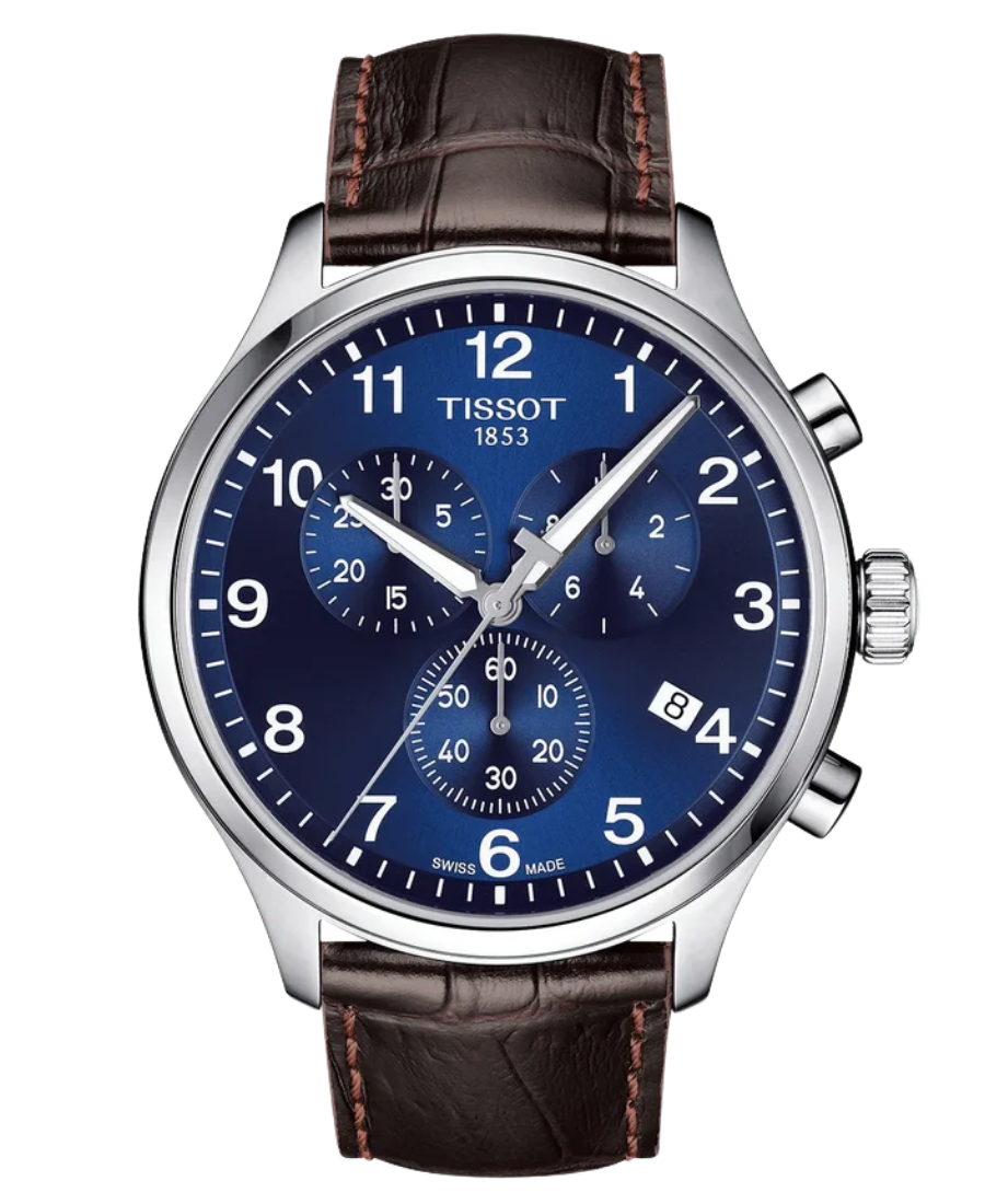 Urx T116.617.16.047.00 Tissot Chrono XL Classic Chronograph Herrklocka Quartz 45 mm – Blå Urtavla med Silverfärgad Boett och Brunt Läderarmband - Bild 1