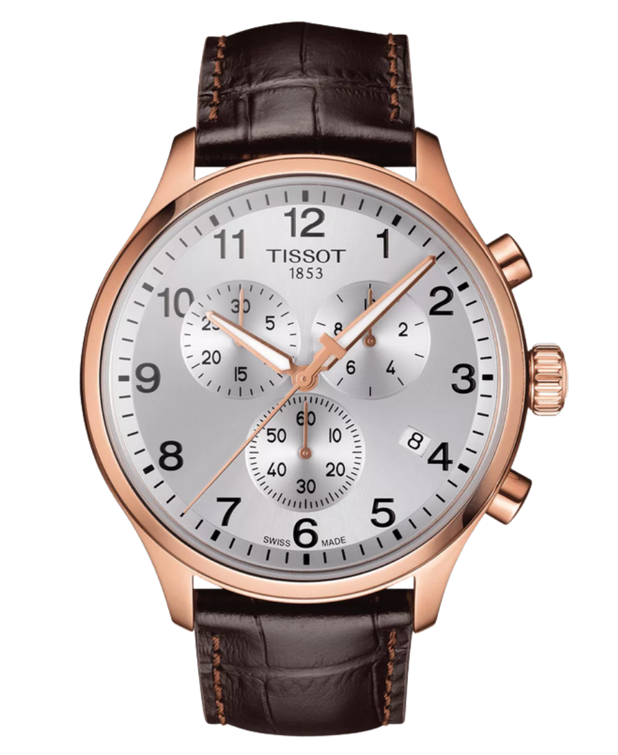 Urx T116.617.36.037.00 Tissot Chrono XL Classic Chronograph Herrklocka Quartz 45 mm – Silverfärgad Urtavla med Roséguldfärgad Boett och Brunt Läderarmband - Bild 1