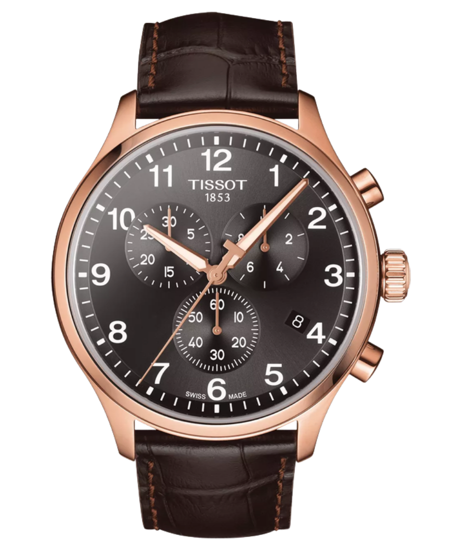 Urx T116.617.36.057.01 Tissot Chrono XL Chronograph Herrklocka Quartz 45 mm – Svart Urtavla med Roséguldfärgad Boett och Brunt Läderarmband - Bild 1