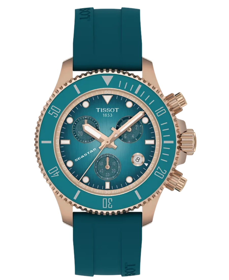 Urx T120.217.37.041.00 Tissot Seastar 1000 Damklocka Quartz Chronograph 38 mm – Turkos Gradient Urtavla med Roséguldfärgad Boett och Blå Silikonrem - Bild 1