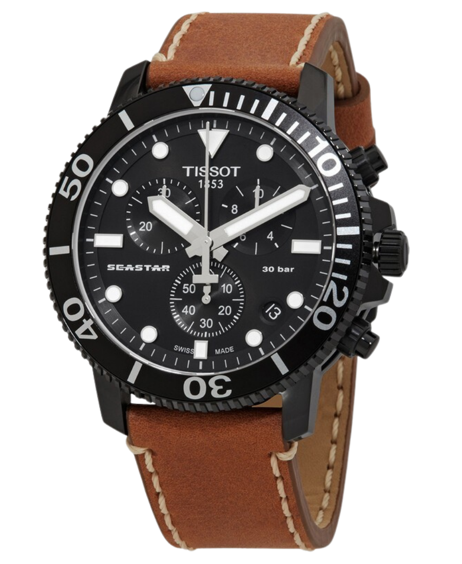 Urx T120.417.36.051.00 Tissot Seastar 1000 Chronograph Herrklocka Quartz 45.5 mm – Svart PVD Boett med Brun Läderrem - Bild 1