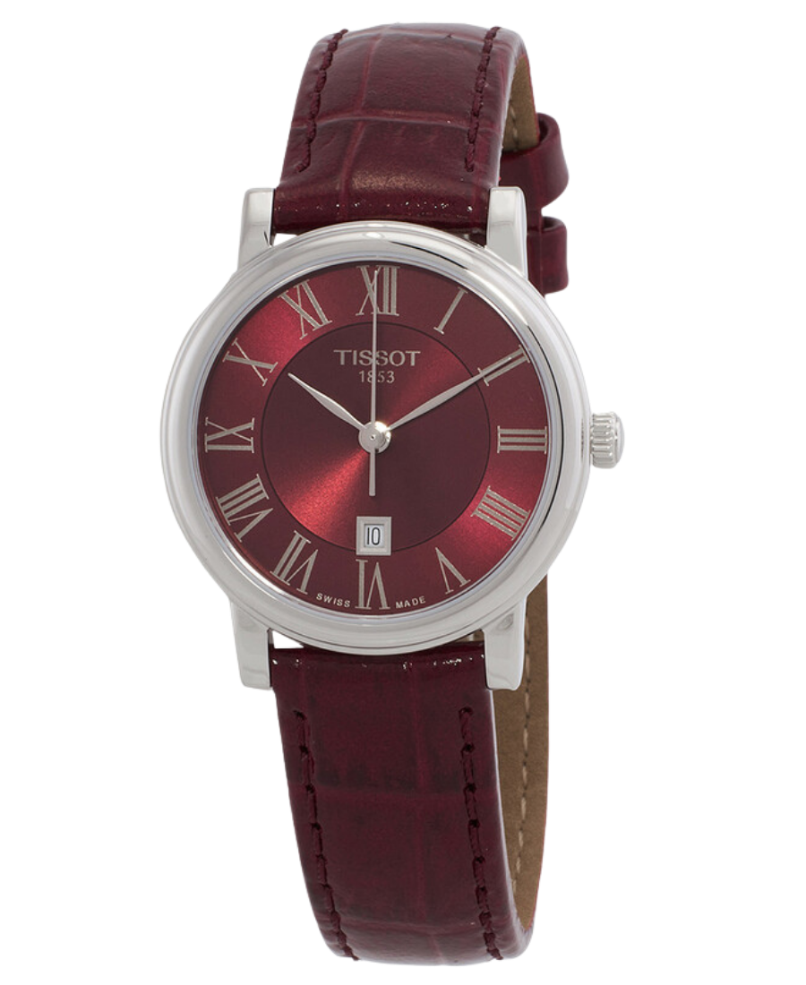 Urx T122.210.16.373.00 Tissot Carson Premium Damklocka Quartz 30 mm – Röd Urtavla med Silverfärgad Boett och Röd Läderrem - Bild 1