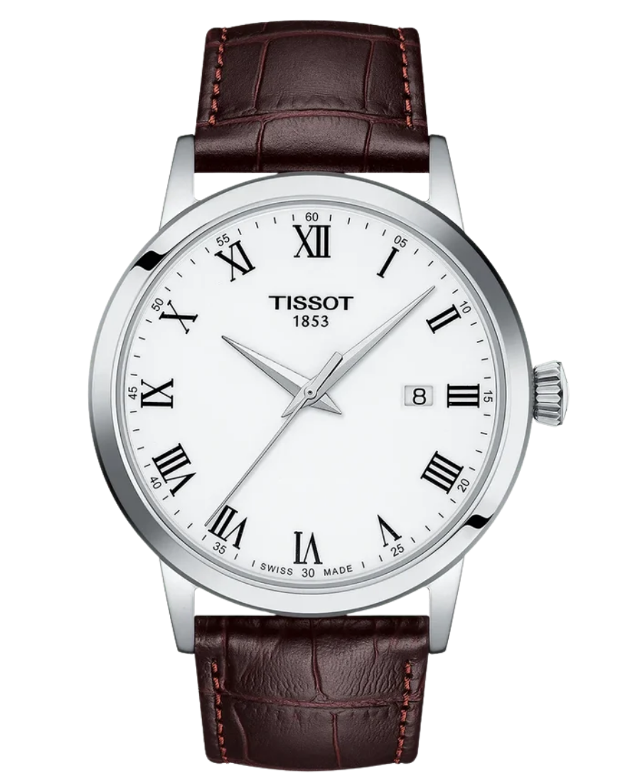 Urx T129.410.16.013.00 Tissot Classic Dream Herrklocka Quartz 42 mm – Vit Urtavla med Silverfärgad Boett och Brun Läderrem - Bild 1