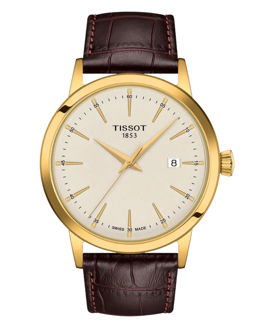 Urx T129.410.36.261.00 Tissot Classic Dream Herrklocka Quartz 42 mm – Ivory Urtavla med Guldfärgad PVD-Boett och Brun Läderrem - Bild 1
