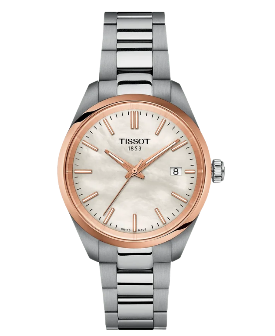 Urx T150.210.21.111.00 Tissot PR 100 Damklocka Quartz 34 mm – Vit Månstenliknande Urtavla med Stållänk - Bild 1