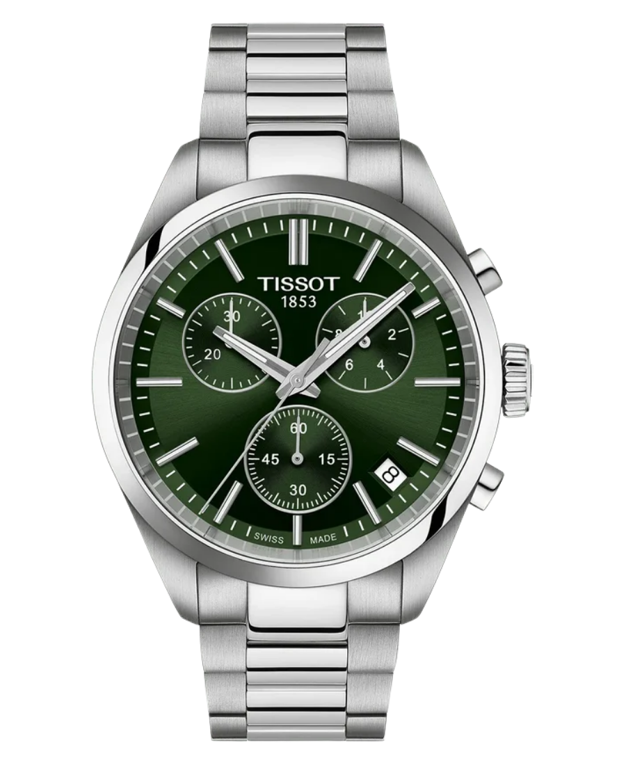 Urx T150.417.11.091.00 Tissot PR 100 Chronograph Herrklocka Quartz 40 mm – Grön Sunray Urtavla med Stållänk - Bild 1