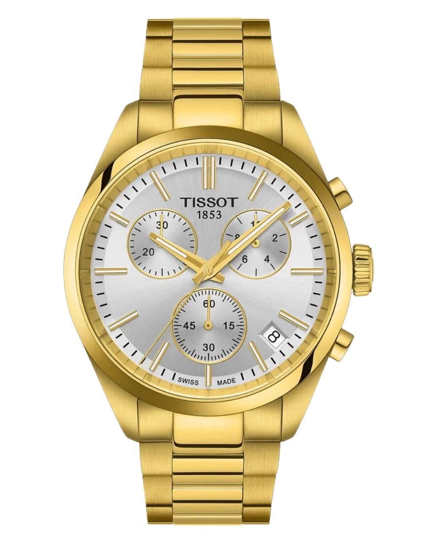 Urx T150.417.33.031.00 Tissot PR 100 Chronograph Herrklocka Quartz 40 mm – Silverfärgad Urtavla med Guldfärgad PVD Stållänk - Bild 1