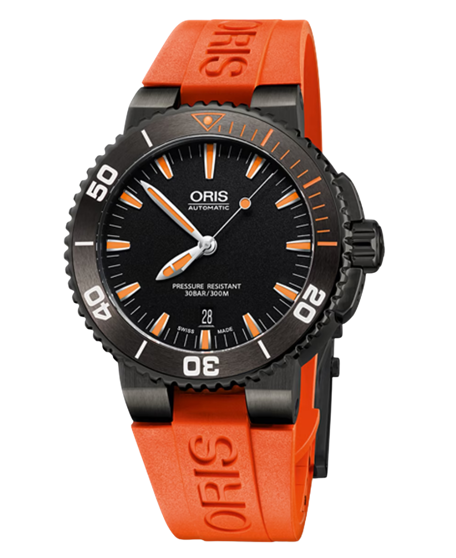 Urx 01 733 7653 4259 07 4 26 32GEB Oris Aquis Date Automatisk Herrklocka 43 mm – Svart Urtavla med Orange Gummiband - Bild 1