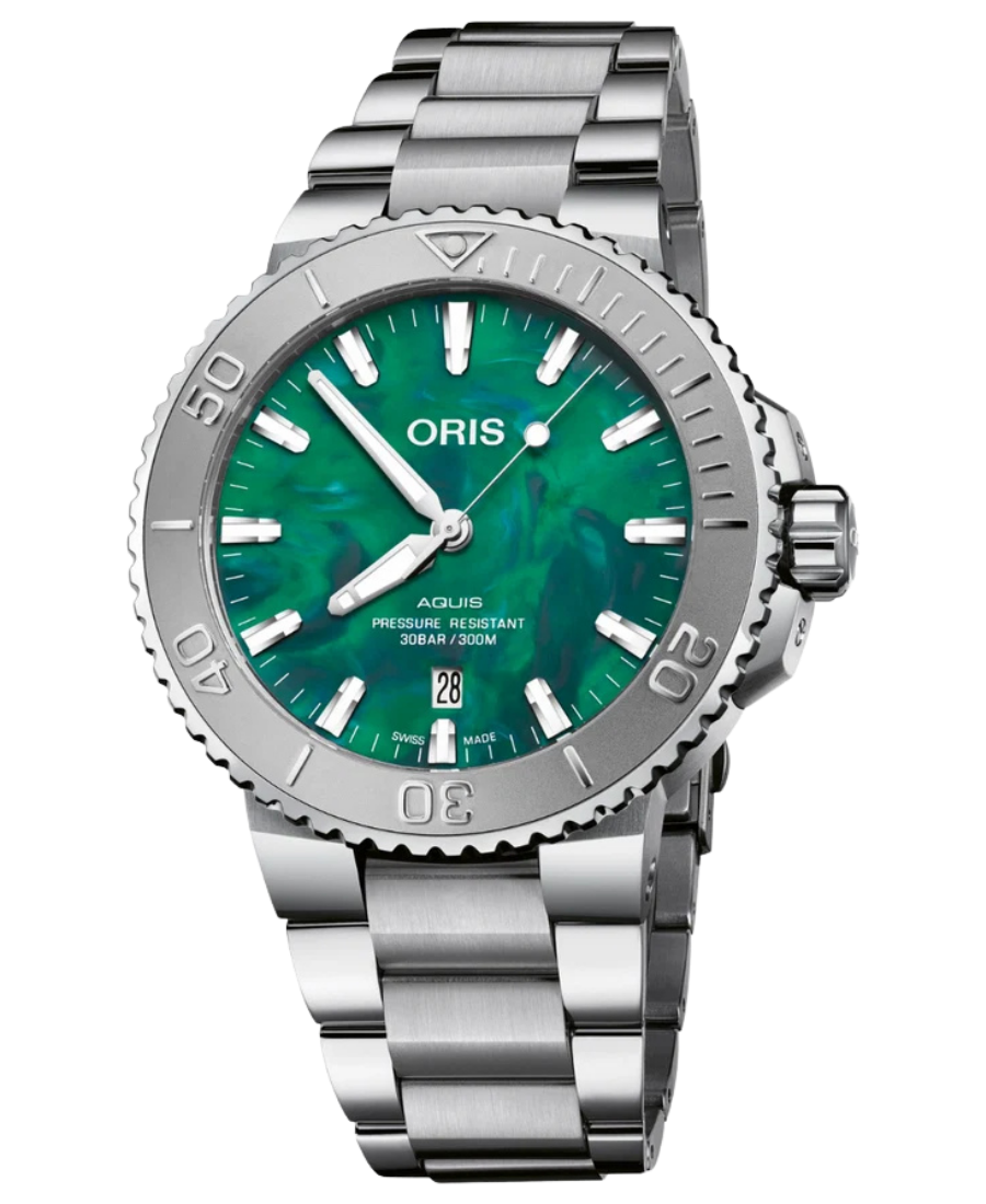 Urx 01 733 7730 4137 07 8 24 05PEB Oris Aquis Date x Bracenet Automatisk Herrklocka 43.5 mm – Grön Urtavla med Stålarmband - Bild 1