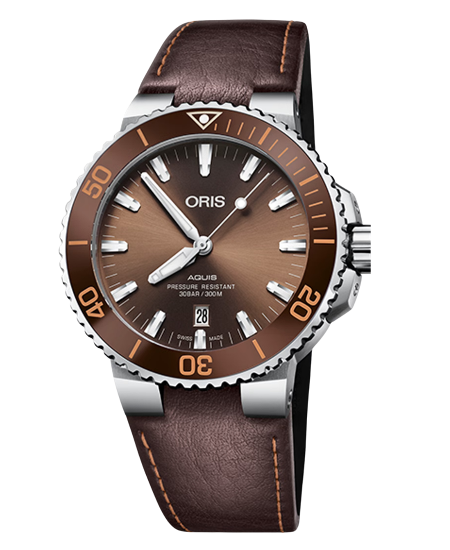 Urx 01 733 7730 4152 07 5 24 12EB Oris Aquis Date Automatisk Herrklocka 43.5 mm – Brun Urtavla med Brunt Läderband - Bild 1