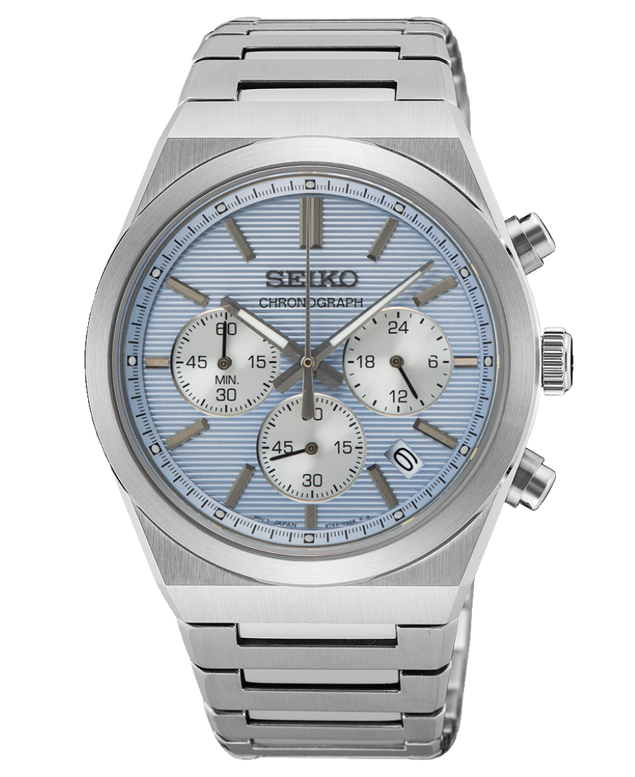 Urx SSB459P1 Seiko Chronograph Herrklocka Quartz 40 mm – Ljusblå Mönstrad Urtavla med Stållänk - Bild 1