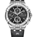 Maurice Lacroix Aikon Quartz Chronograph Svart med självlysande markeringar och indexmarkeringar/Läder 44 mm AI1018-SS001-330-1