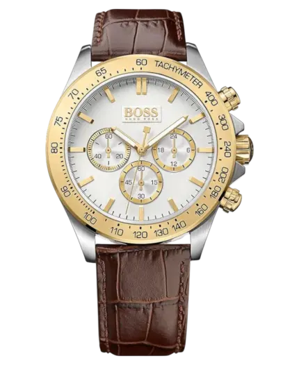 Hugo Boss Ikon 1513174 Herrklocka Vit pärlemor/Gulguld/Stål med Brunt Läderarmband 44 mm