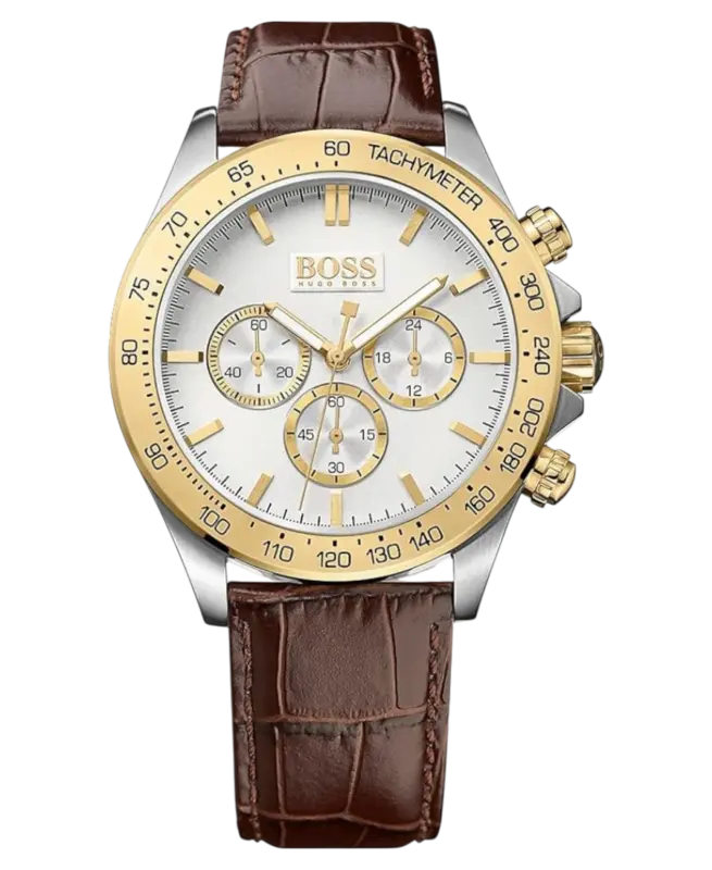 Hugo Boss Ikon 1513174 Herrklocka Vit pärlemor/Gulguld/Stål med Brunt Läderarmband 44 mm
