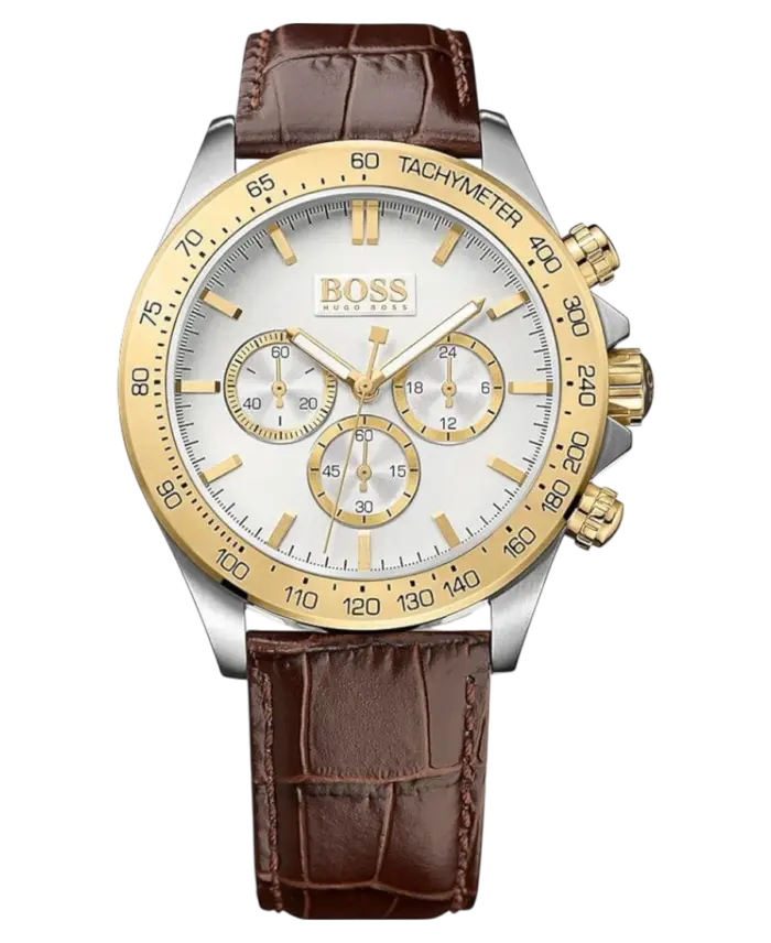 Hugo Boss Ikon 1513174 Herrklocka Vit pärlemor/Gulguld/Stål med Brunt Läderarmband 44 mm