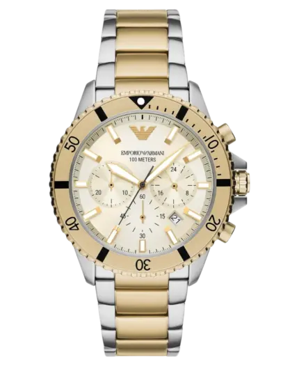 Emporio Armani Diver Beige/Gulguldtonat stål 43 mm