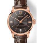 Tissot Chemin des Tourelles Powermatic 80 Lady Automatic 32 mm – Brun urtavla med brun läderrem och roséguldfärgad PVD-beläggning.
