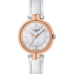 Tissot Flamingo Damklocka Quartz 30 mm – Vit Pärlemorurtavla med Roséguldfärgad Boett och Vitt Läderband