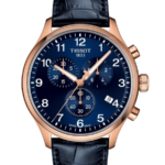 Tissot Chrono XL Classic Chronograph Herrklocka Quartz 45 mm – Blå Urtavla med Roséguldfärgad Boett och Blått Läderarmband