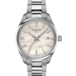 Tissot PR 100 Damklocka Quartz 34 mm – Vit Pärlemorurtavla med Diamantindex och Stållänk