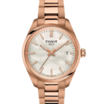 Tissot PR 100 Damklocka Quartz 34 mm – Vit Månfasliknande Urtavla med Roséguldfärgad PVD och Stållänk