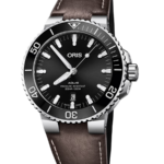 Oris Aquis Date Automatisk Herrklocka 43.5 mm – Svart Urtavla med Brunt Läderband